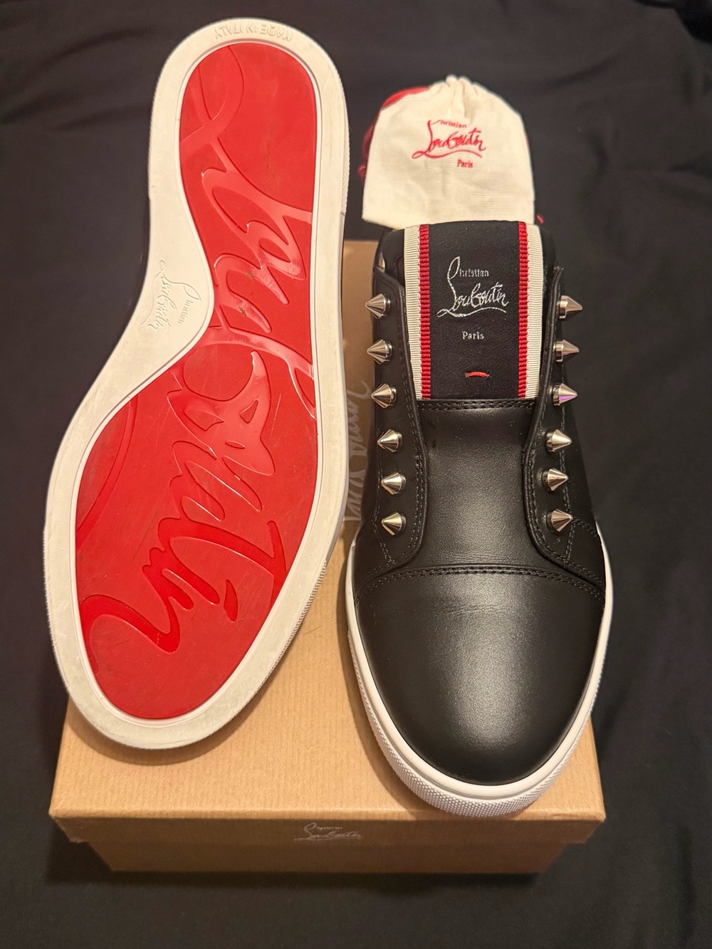 Christian Louboutin Men’s Black Leather Low-Top Sneakers with Red Sole